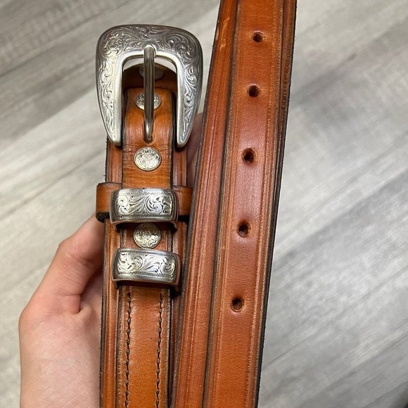 High Quality Leather Belt Brown Sliver Tone  45”-49” Western - Picture 8 of 8